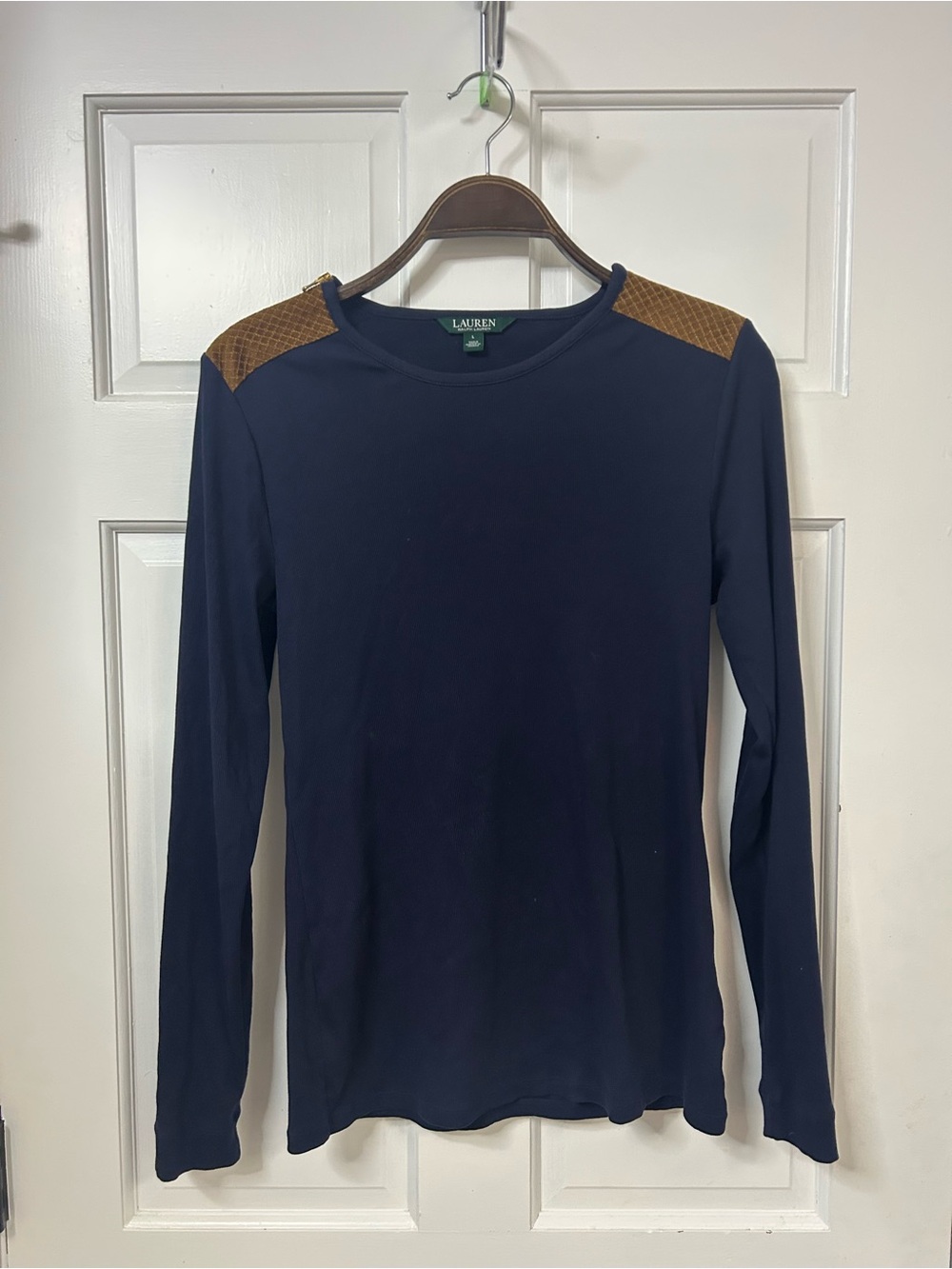 Lauren Ralph Lauren Navy Long-Sleeve Tee with Brown Quilted Shoulder Panels